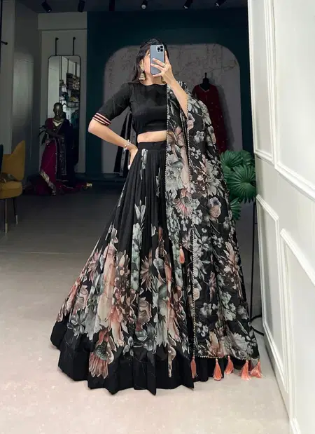 LNB 1225 Black Colour Tussar Silk Floral Print Lehenga Choli Wholesalers In Surat
